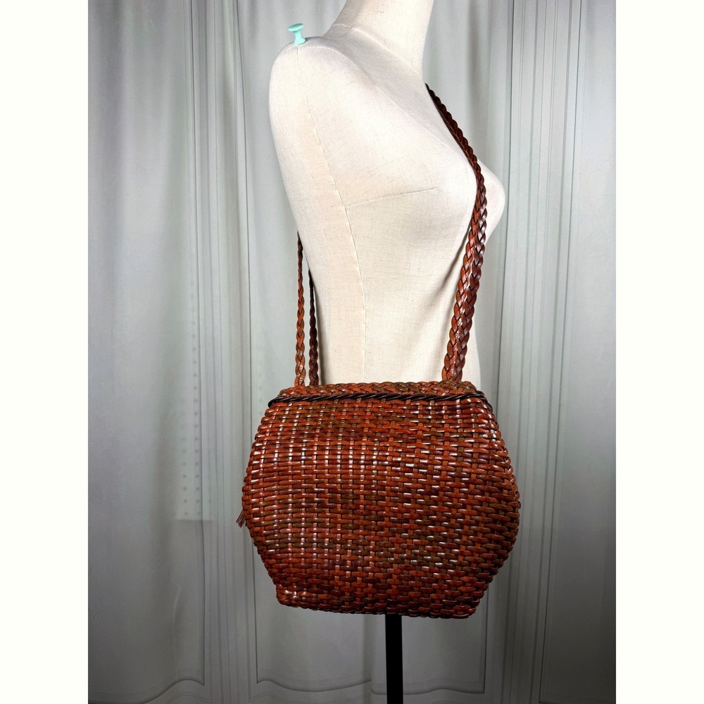 70s Vintage Leather School Italy Woven Crossbody Bag